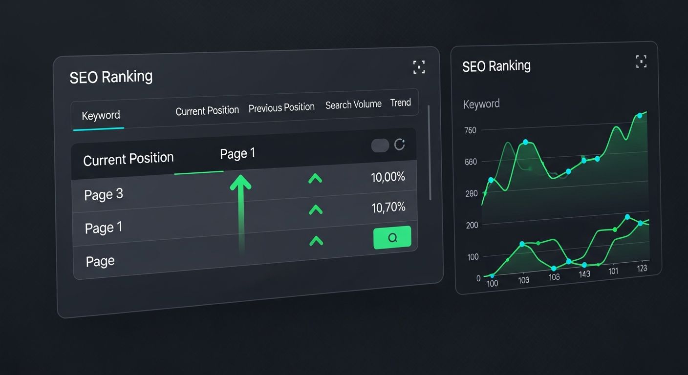 AI_IMAGE: A dark-themed SEO ranking dashboard showing keyword positions moving from page 3 to page 1, with green upward arrows and position tracking graphs, professional dark interface with cyan and green accents | digital-art | landscape